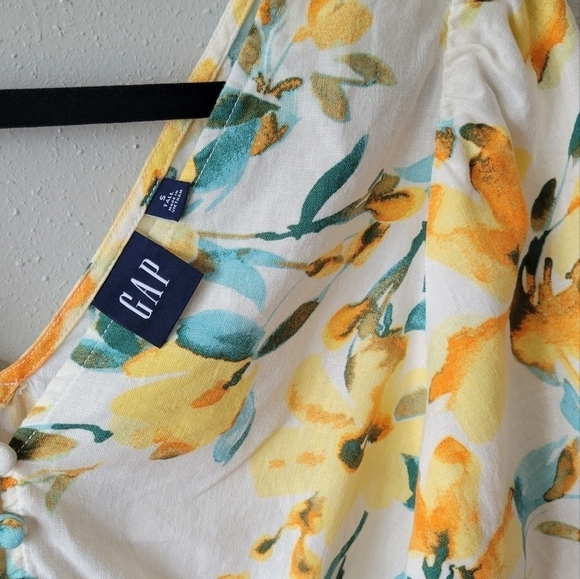 GAP Linen Blend Yellow Watercolor Floral Peplum Puff Sleeve Top sz Small Tall - Picture 7 of 7